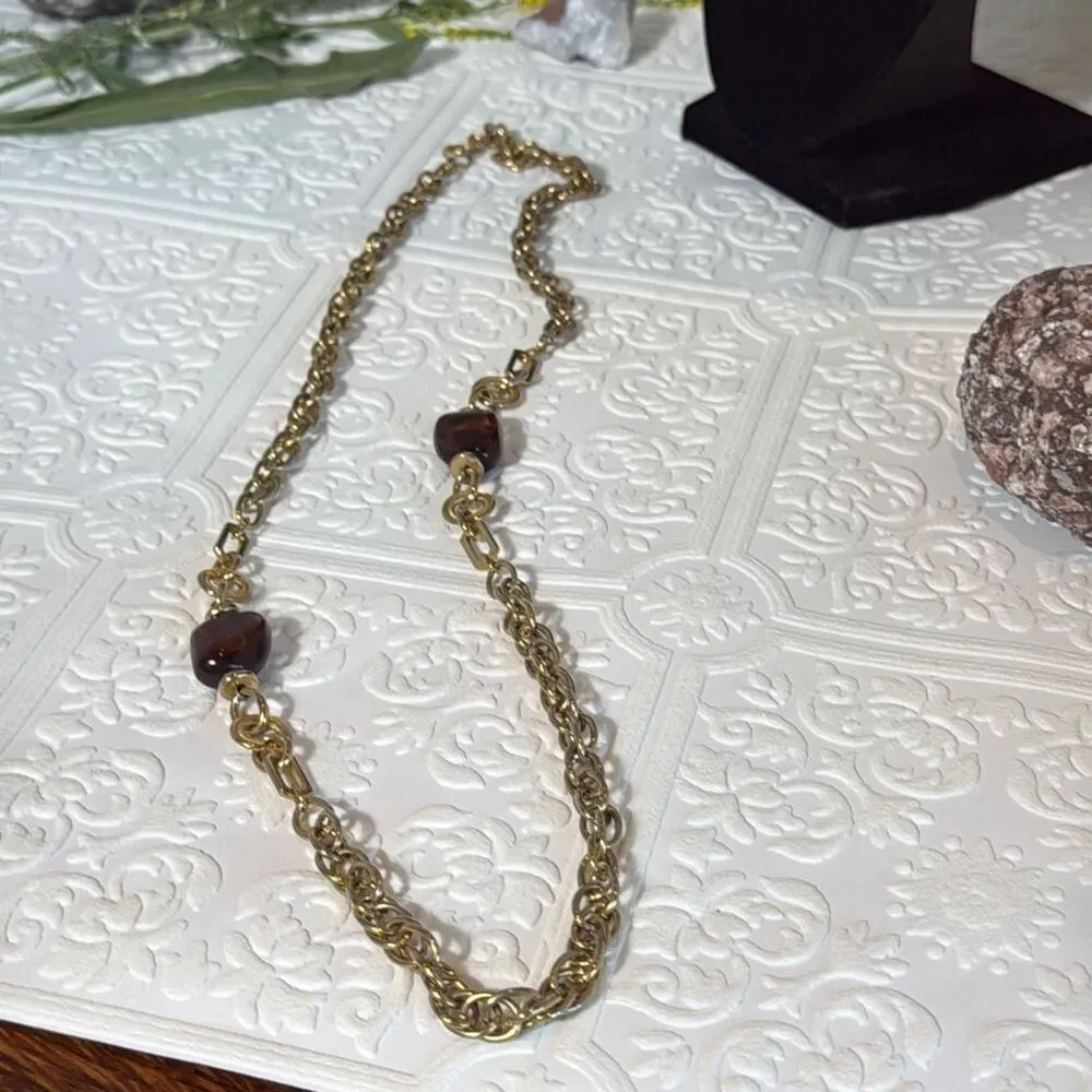 Vintage Gold Tone Long Chunky Chain Necklace With‎ Faux Amber Beads 30”